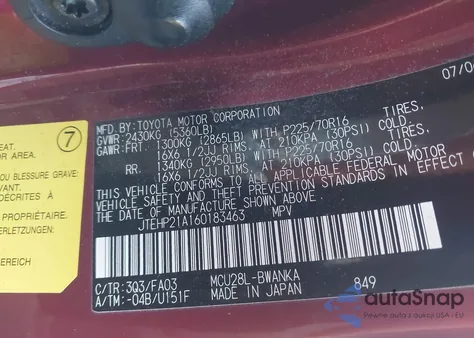 2006 Toyota Highlander V6 from USA, damaged, VIN JTEHP21A160183463